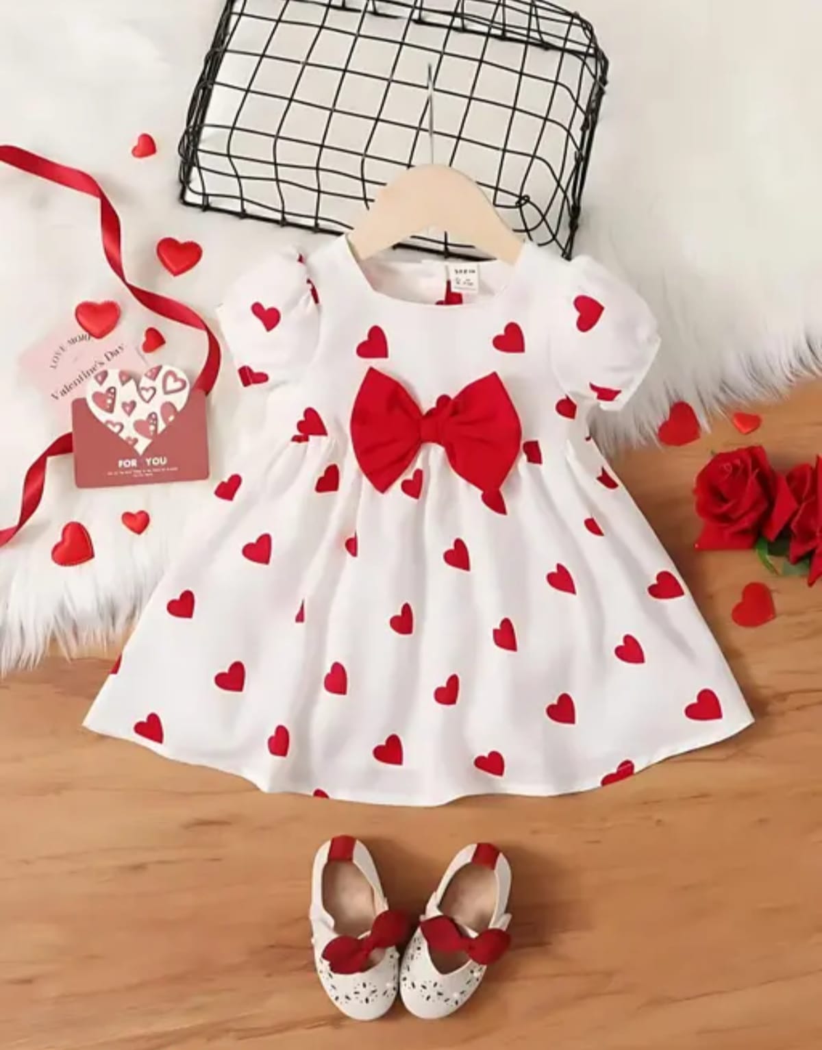 White Frock With Red Heart Printed