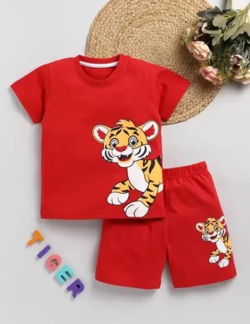 Red T Shirt & Short With Tiger Printed
