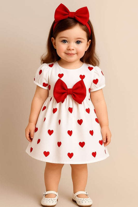 White Frock With Red Heart Printed